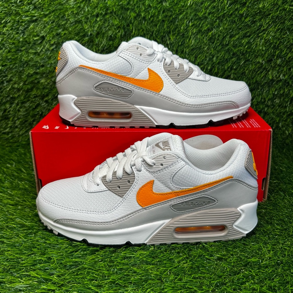 Size 8.5 - Mens Nike Air Max 90 White Laser Orange Sneakers - DM0029-119